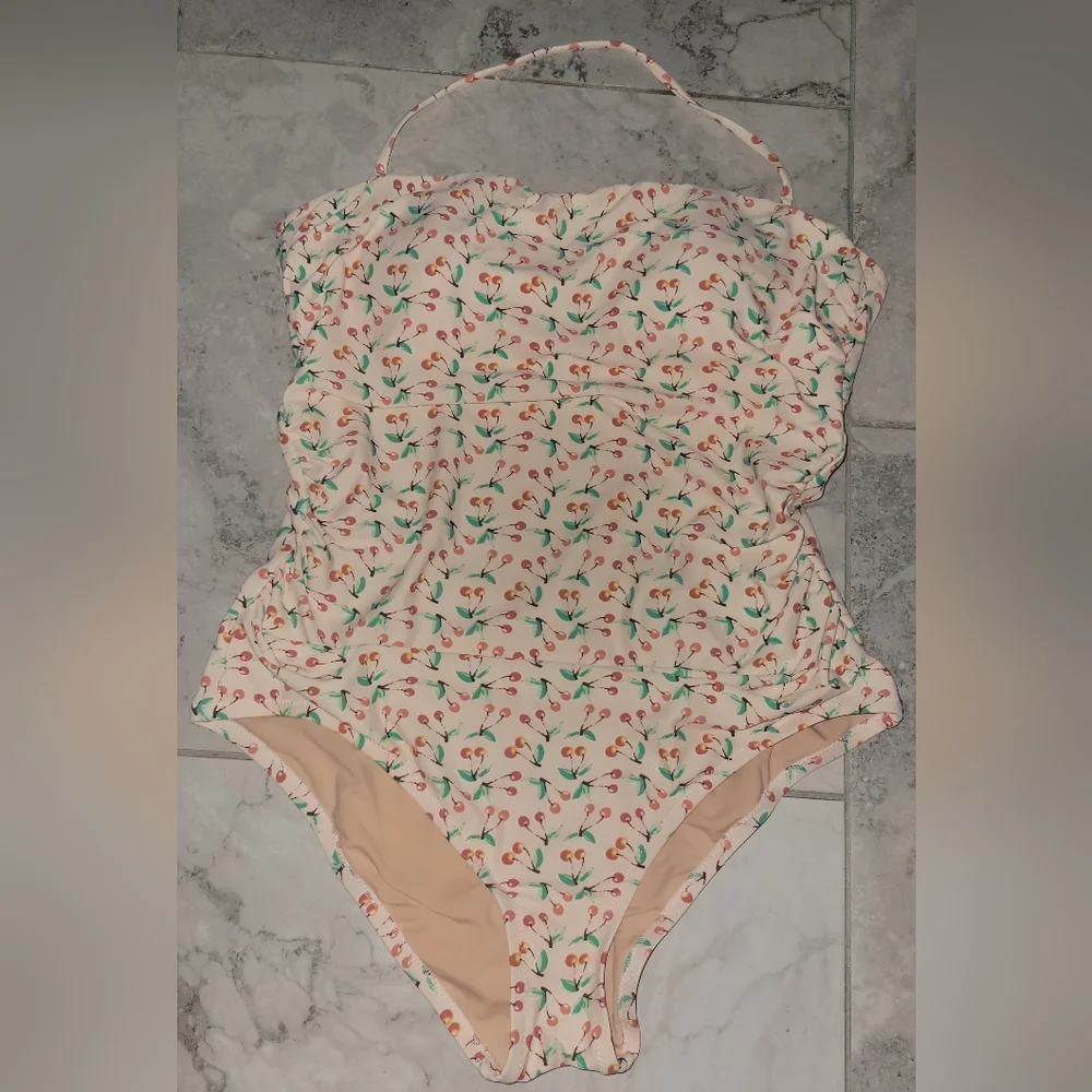 J by J. Crew‎ Cherry Print One Piece Swimsuit Sz Large Ruched Sides